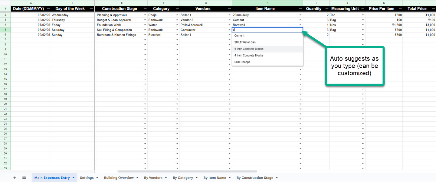 main house construction expenses tracking google sheet