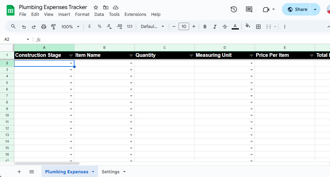 plumbing items expenses tracker
