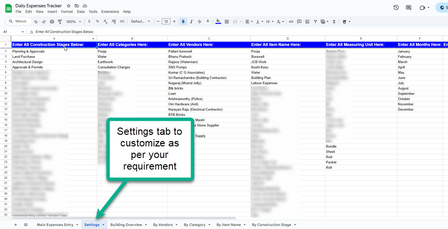 settings tab in house construction expenses tracking google sheet